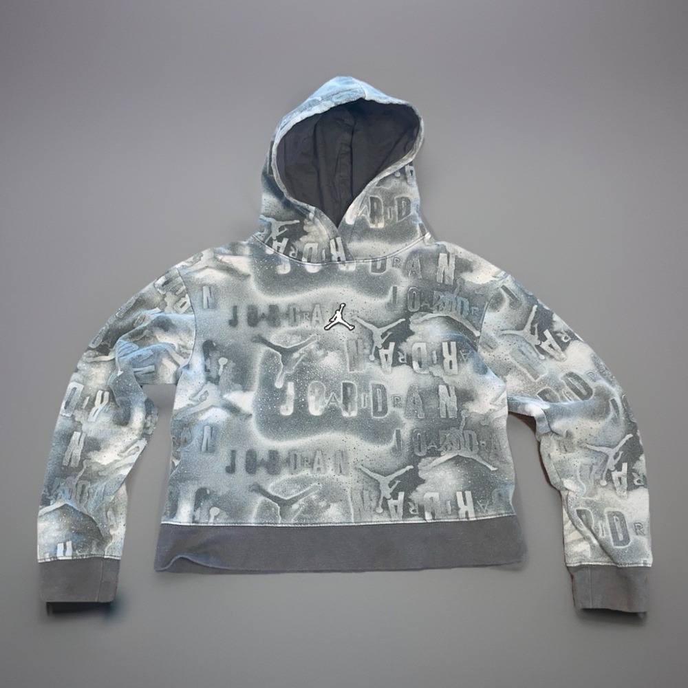 Jordan Hoodie Girls Large Crop Top Black, Gray Long Sleeve Hoodie Snake Print